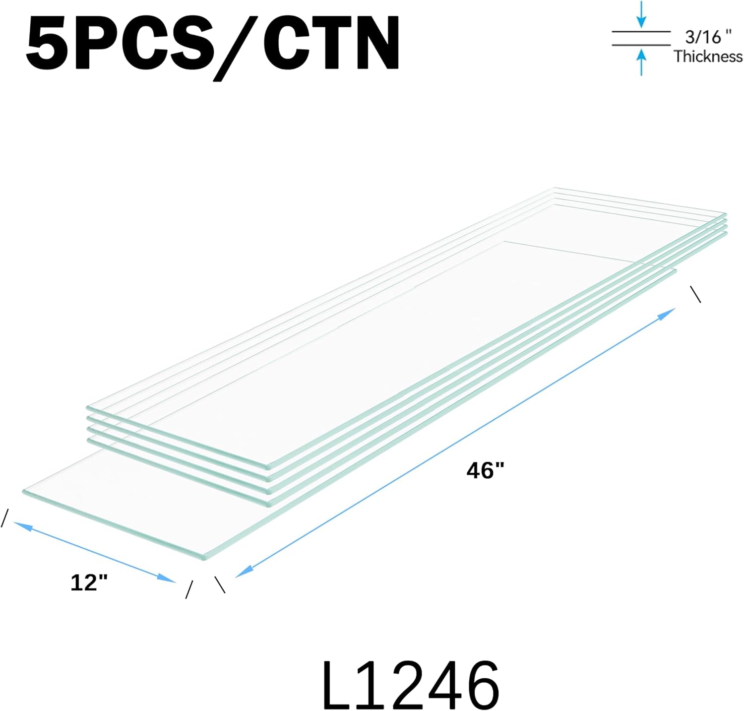 Floating Shelves - Pack of 5 Tempered Glass Shelves, 12' W x 46' L, 3/16' Thick, Polished Edges-– Rectangular Replacement Shelves for Cabinets, Display Cases & Retail Fixtures