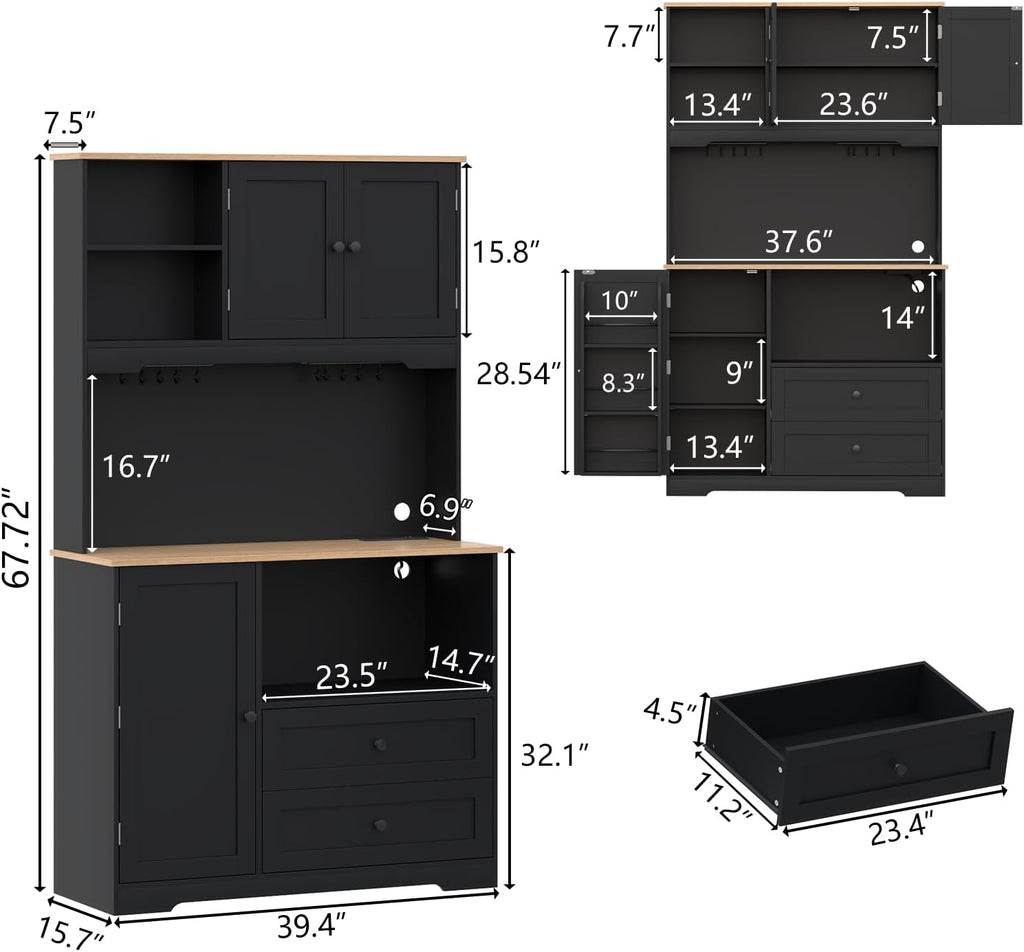 Gyfimoie 68' Tall Kitchen Pantry Storage Cabinet with Charging Station, Upgrade Pantry Cabinet with Doors & Shelves and Wine Glass Holder,Kitchen Hutch Cabinet with Microwave Stand for Kitchen(Black)