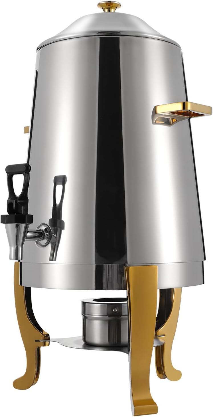 13L/3.5 Gallon Hot Beverage Dispenser, Electric Stainless Steel Coffee Chafer Urn, Fuel Tray Holder, Drink Dispenser with Gold Accent and Ice Container for Hot & Cold Drinks, Party Event Buffet