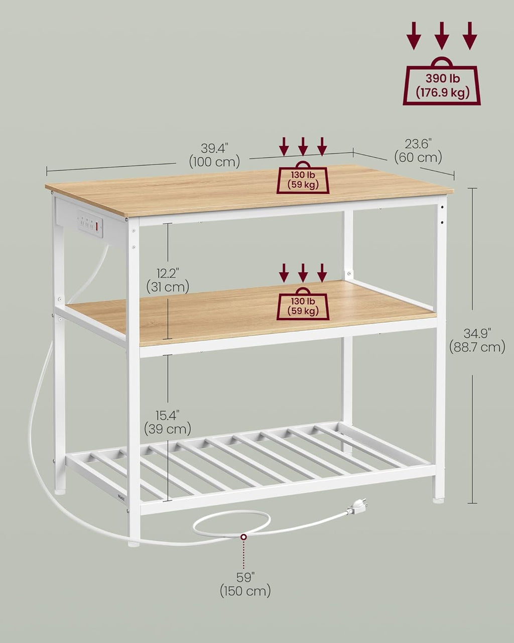 VASAGLE Kitchen Island with 3 Shelves, Kitchen Shelf with Power Strip, 23.6 x 39.4 x 34.9 Inches, Large Worktop, Steel Structure, Industrial, Easy to Assemble, Oak Color and White UKKI105Y01