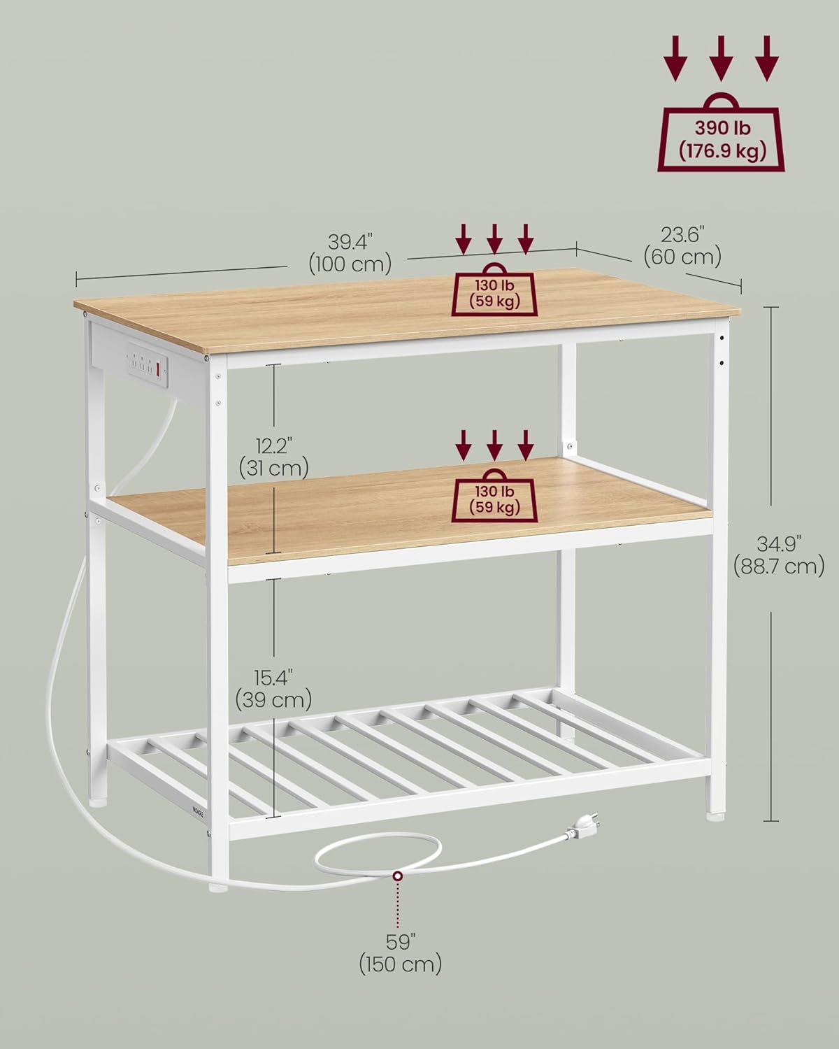 VASAGLE Kitchen Island with 3 Shelves, Kitchen Shelf with Power Strip, 23.6 x 39.4 x 34.9 Inches, Large Worktop, Steel Structure, Industrial, Easy to Assemble, Oak Color and White UKKI105Y01