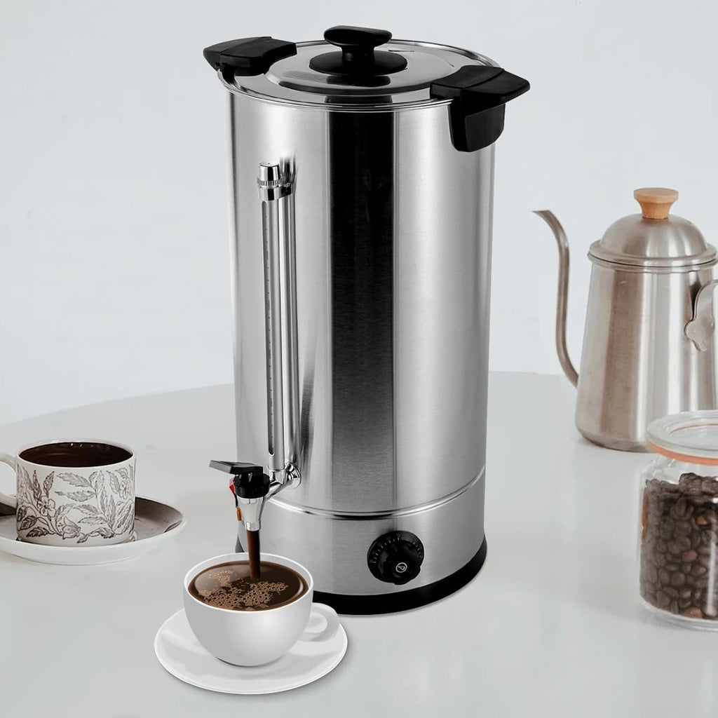 25L Stainless Steel Coffee Urn, 6.6 Gal Commercial Coffee Maker, 1.4KW Electric Hot Water Dispenser for Parties, Double-Layer Insulation and Visual Water Level Indicator