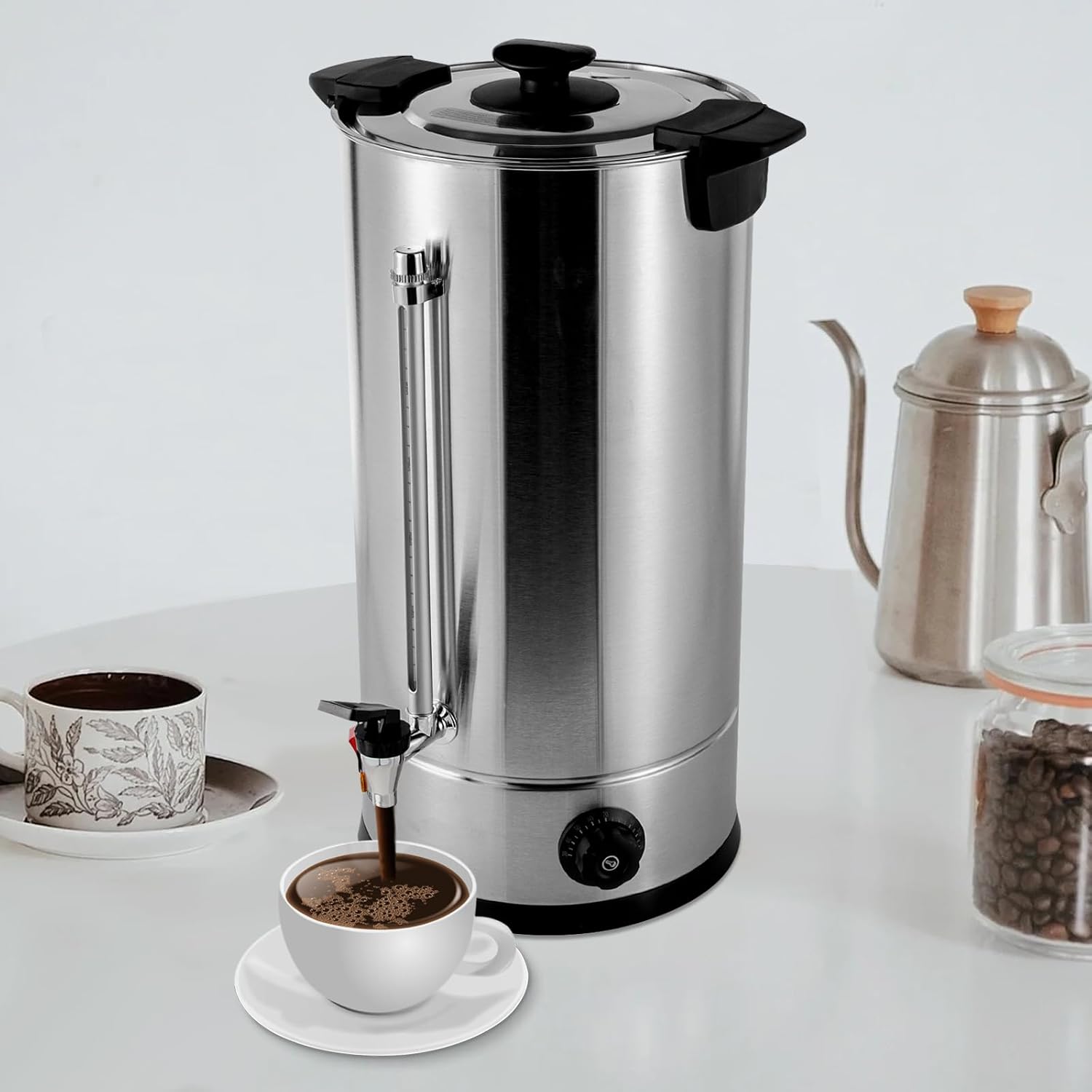 25L Stainless Steel Coffee Urn, 6.6 Gal Commercial Coffee Maker, 1.4KW Electric Hot Water Dispenser for Parties, Double-Layer Insulation and Visual Water Level Indicator
