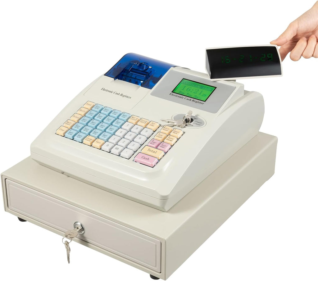 Bepritm 48 Keys Commercial Cash Register, Electronic Cashier Cash Register with Drawer Box&LED Display, Cash Management System for Small Businesses, Retailers, Supermarkets (White)