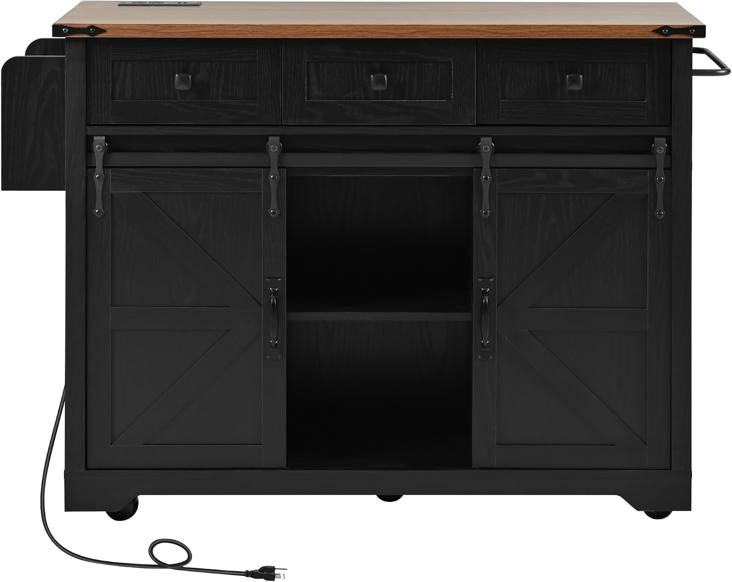 Farmhouse Kitchen Island with Power Outlet, 2 Sliding Barn Door and Drop Leaf, Spice Rack Rolling Kitchen Cart on Wheels for Home and Dining Room (Black/P)