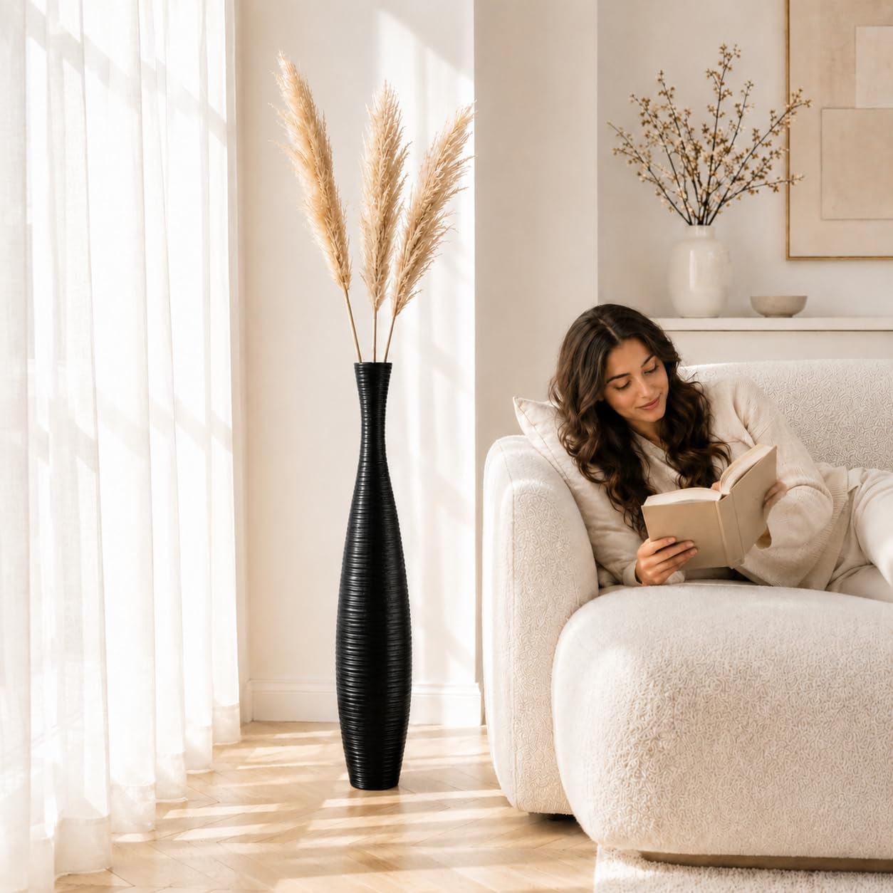 Leewadee Large Black Home Decor Floor Vase - Wooden 34 inch Tall Farmhouse Decor Flower Holder for Fake Plant and Pampas Grass