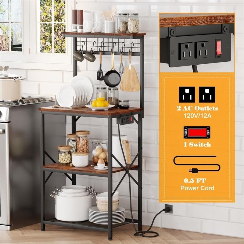 Kitchen Bakers Rack with Power Outlet 15.16' d X 21.65' w 49.6' h Brown Metal