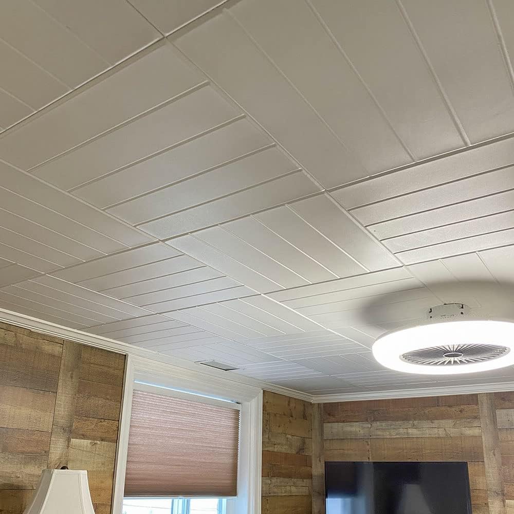 À LA MAISON CEILINGS R104 Bead Board Foam Glue-up Ceiling Tile (128 sq. ft./Case), Pack of 48, Plain White