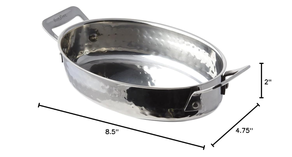Bon Chef 60029HF Stainless Steel Cucina Oval Casserole Dish, Hammered Finish, 36 oz Capacity, 8-1/2' Length x 4-3/4' Width x 2' Height