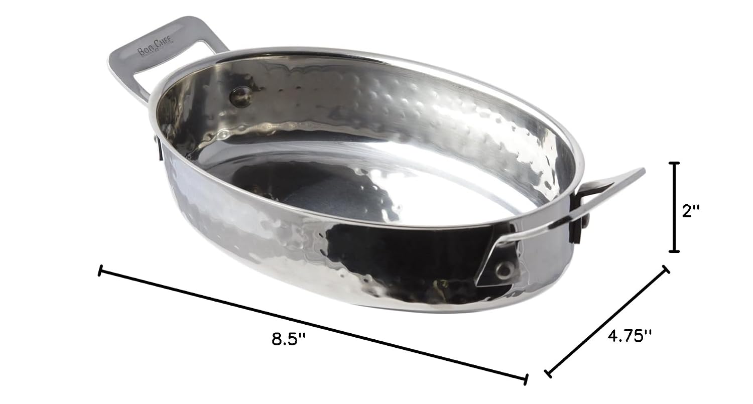 Bon Chef 60029HF Stainless Steel Cucina Oval Casserole Dish, Hammered Finish, 36 oz Capacity, 8-1/2' Length x 4-3/4' Width x 2' Height