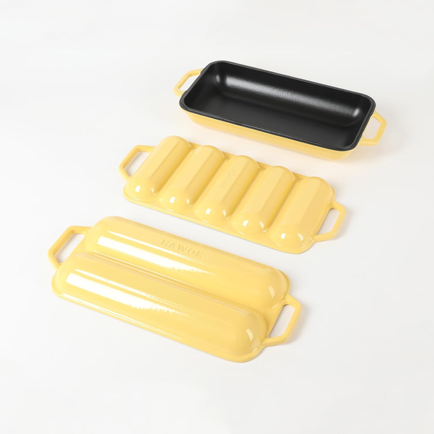 HAWOK Enameled Cast lron Baguette Bread Baker, 3-in-1 Baking Set with Full Baguette Tray, 5-Slot Mini Roll Tray & Reversible Lid Pan, 15 x 6.7 inch, Yellow