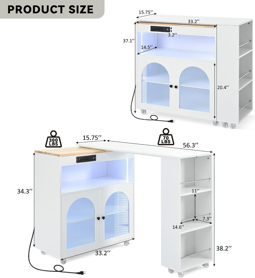 Rolling Kitchen Island W/Extended Table, Kitchen Island On Wheels with LED Lights,Power Outlets and 2 Fluted Glass Doors,Kitchen Island with a Storage Compartment&Side 3 Open Shelves (White)