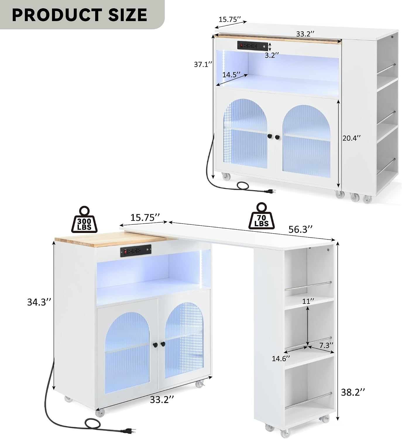 Rolling Kitchen Island W/Extended Table, Kitchen Island On Wheels with LED Lights,Power Outlets and 2 Fluted Glass Doors,Kitchen Island with a Storage Compartment&Side 3 Open Shelves (White)