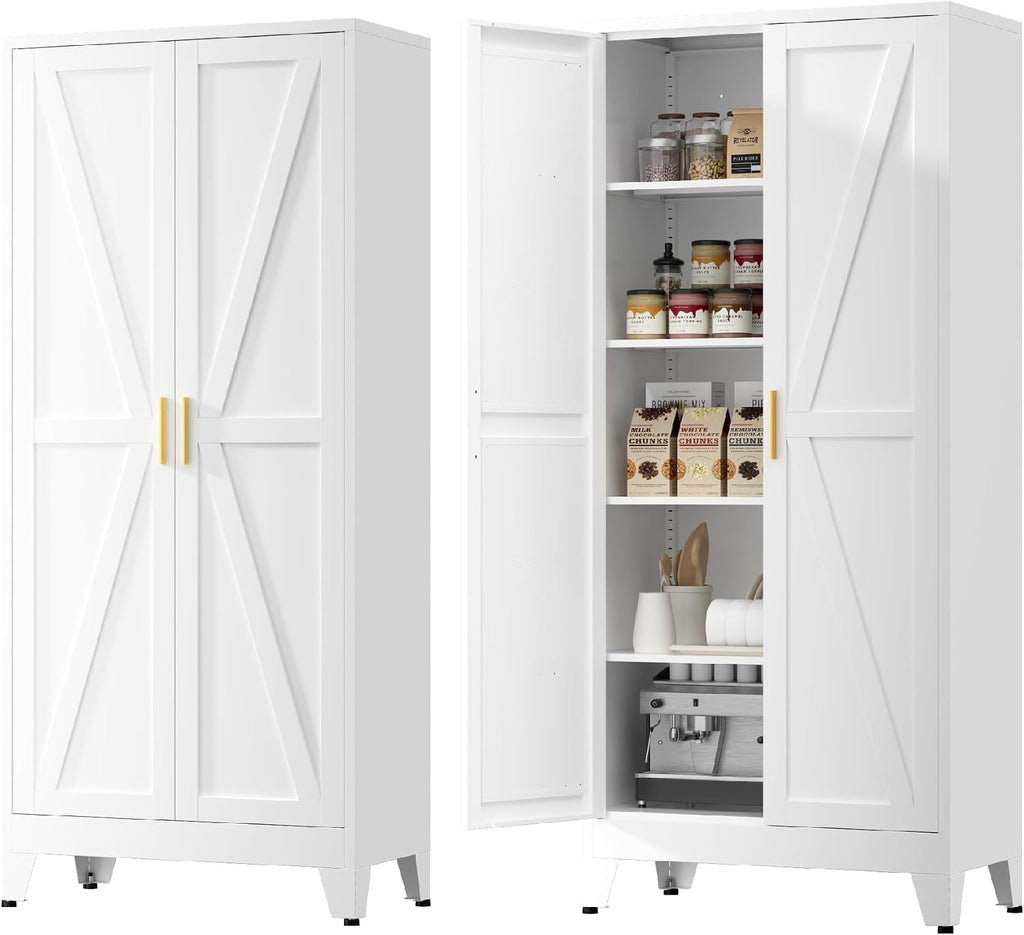 Kitchen Pantry Cabinet,71' H x 31.5' W,Metal Farmhouse Storage Cabinet with Adjustable Shelves and Barn Doors,5-Tier Storage Cabinet for Kitchen Dining Room Garage,White 1 Pack