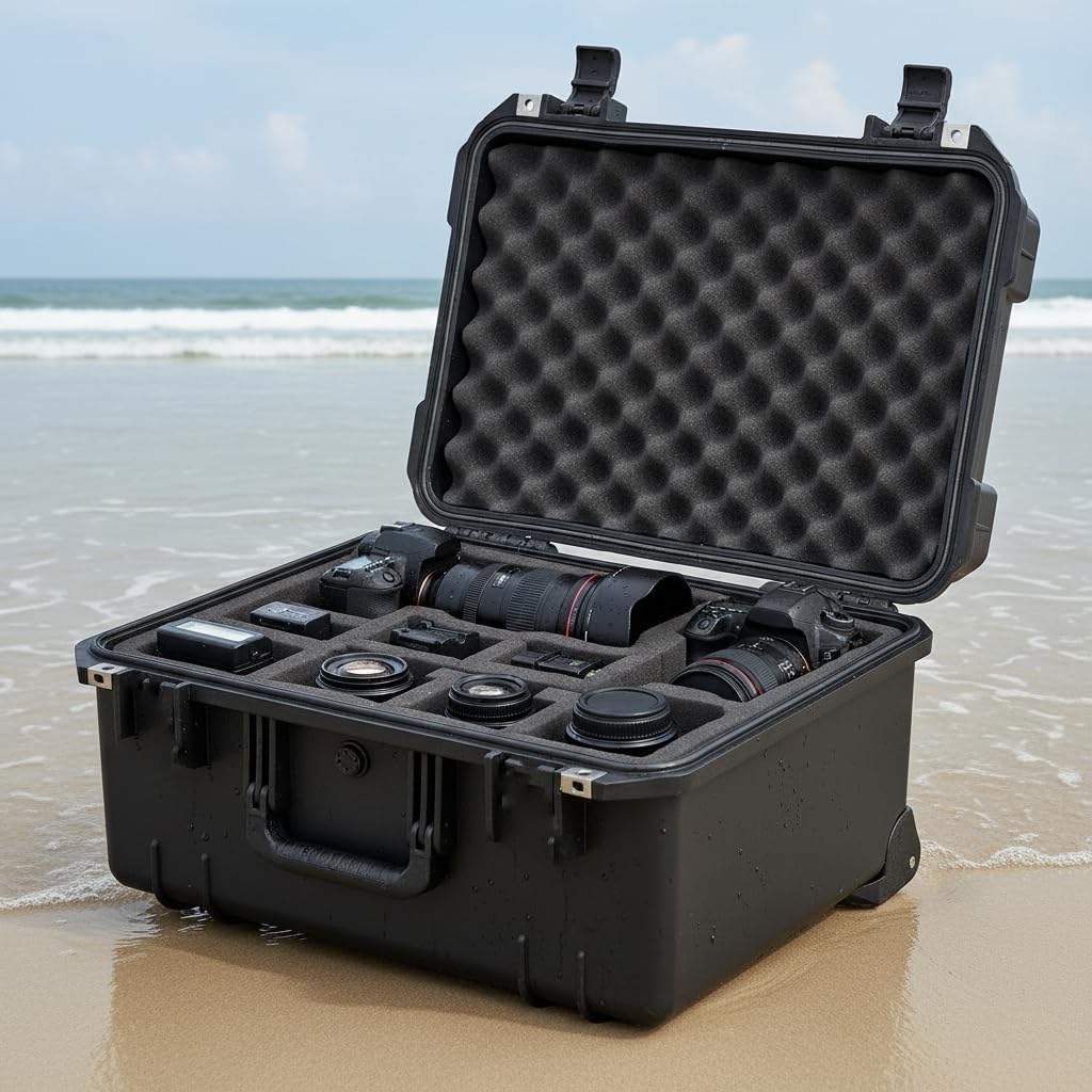 MEIJIA Portable All Weather Premium Rolling Wheels Waterproof Hard Compact Camera Case with Customizable Fit Foam,Pull Handle, 24.6'X19.7'X11.7',Black