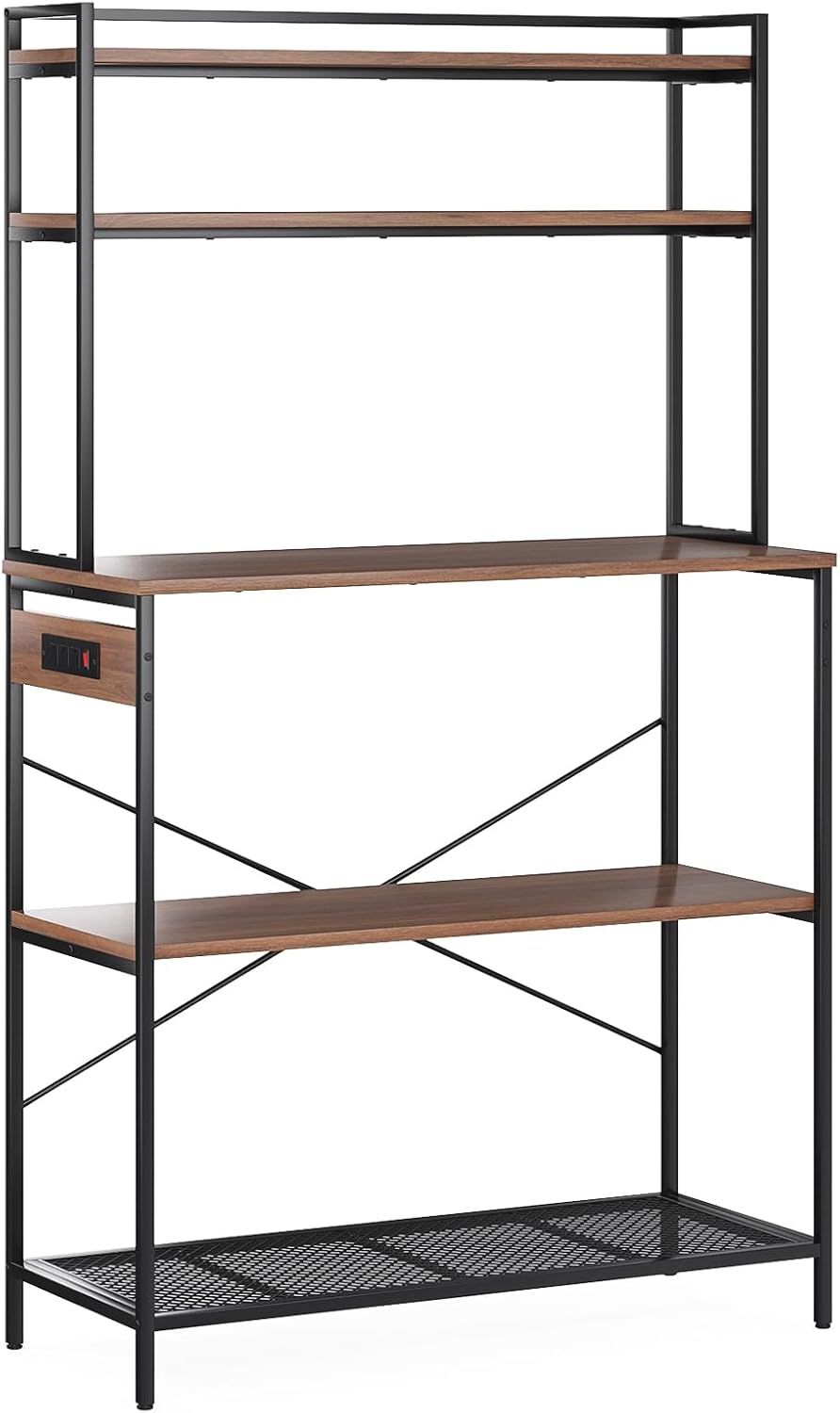 Havemies Coffee Bar Station with Electrical Outlets - Large 5-Tier Bakers Rack Holds Microwave & Coffee Maker, Creates a Dedicated Beverage Center in Any Kitchen (Walnut)