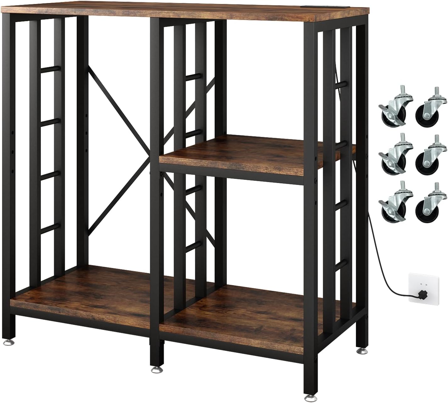 METYERRY Adjustable Kitchen Bakers Rack with Power Outlet,4-Tier Microwave Stand Kitchen Cart,Mini Fridge Stand with Storage,Bar Cabinet,Suitable for Office,Coffee Bar,Living Room,Patio,Rustic Brown