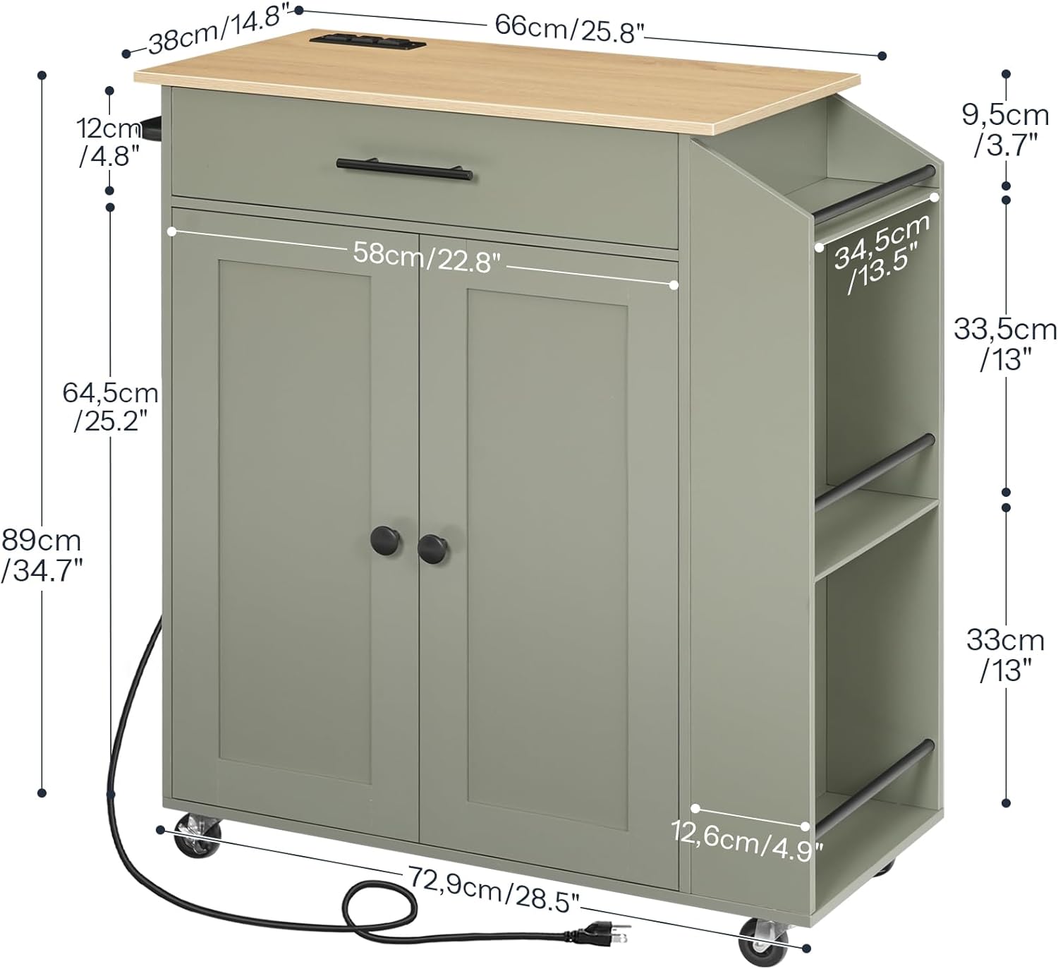 HOOBRO Kitchen Island with Power Outlet, Storage Island with Spice Rack and Drawer, Rolling Kitchen Cart on Wheels, for Home, Dining Room, Natural and Green JN82UZD01G1
