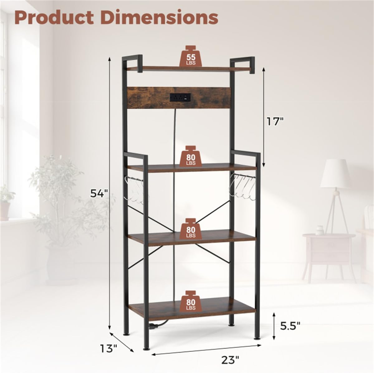 JHshop Bakers Rack with Power Outlet, Coffee Bar, Microwave Stand, Kitchen Storage Shelf for Spice, Pots and Pans Organizer, 23' × 13' × 54' (L x W x H)