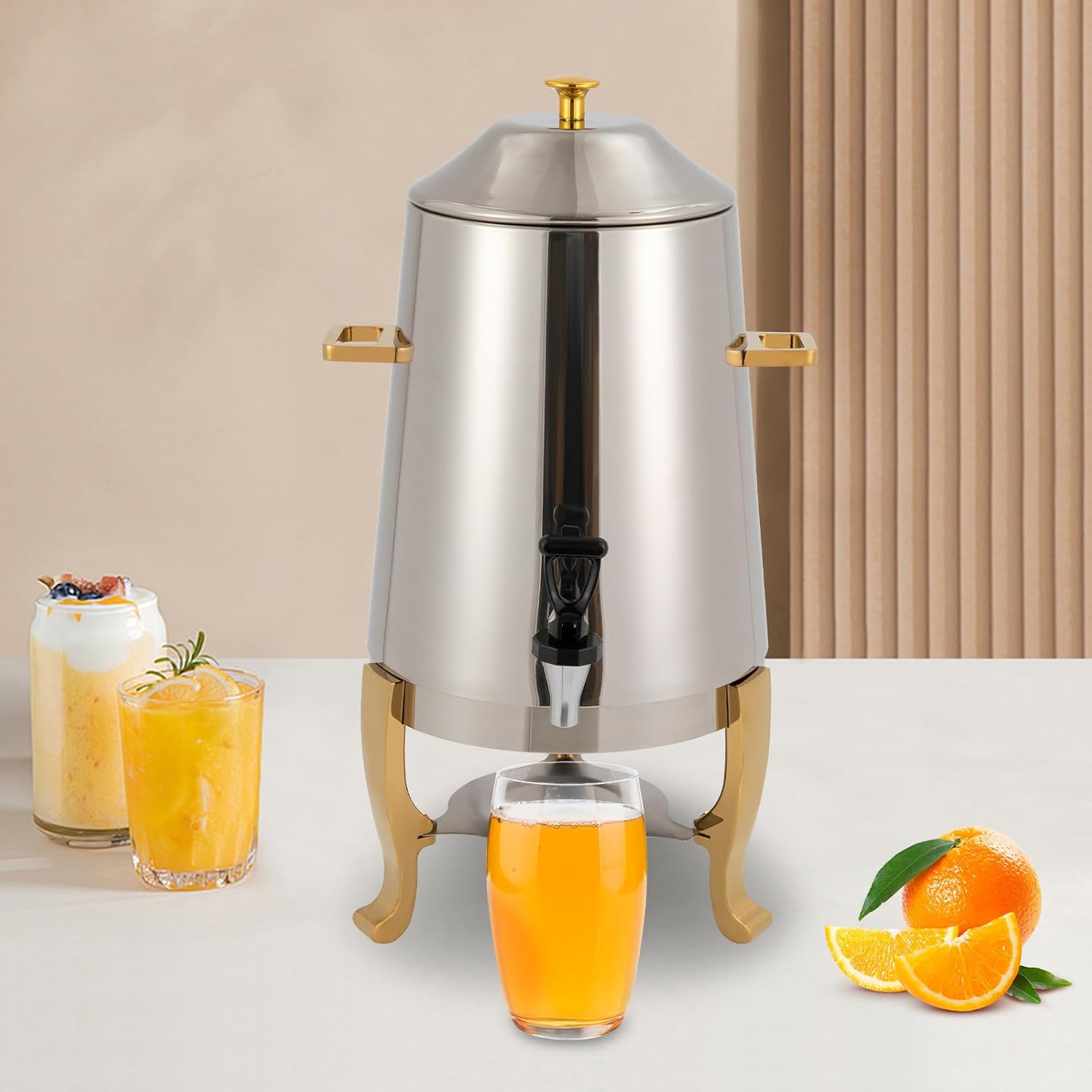 13L Hot Beverage Dispenser, Hot Drinks Dispenser, Coffee Chafe, Urn Hot Drinks Dispenser with Spigot, Commercial Grade Stainless Steel Coffee Maker Hot Water Urn for Catering Buffet (Gold)