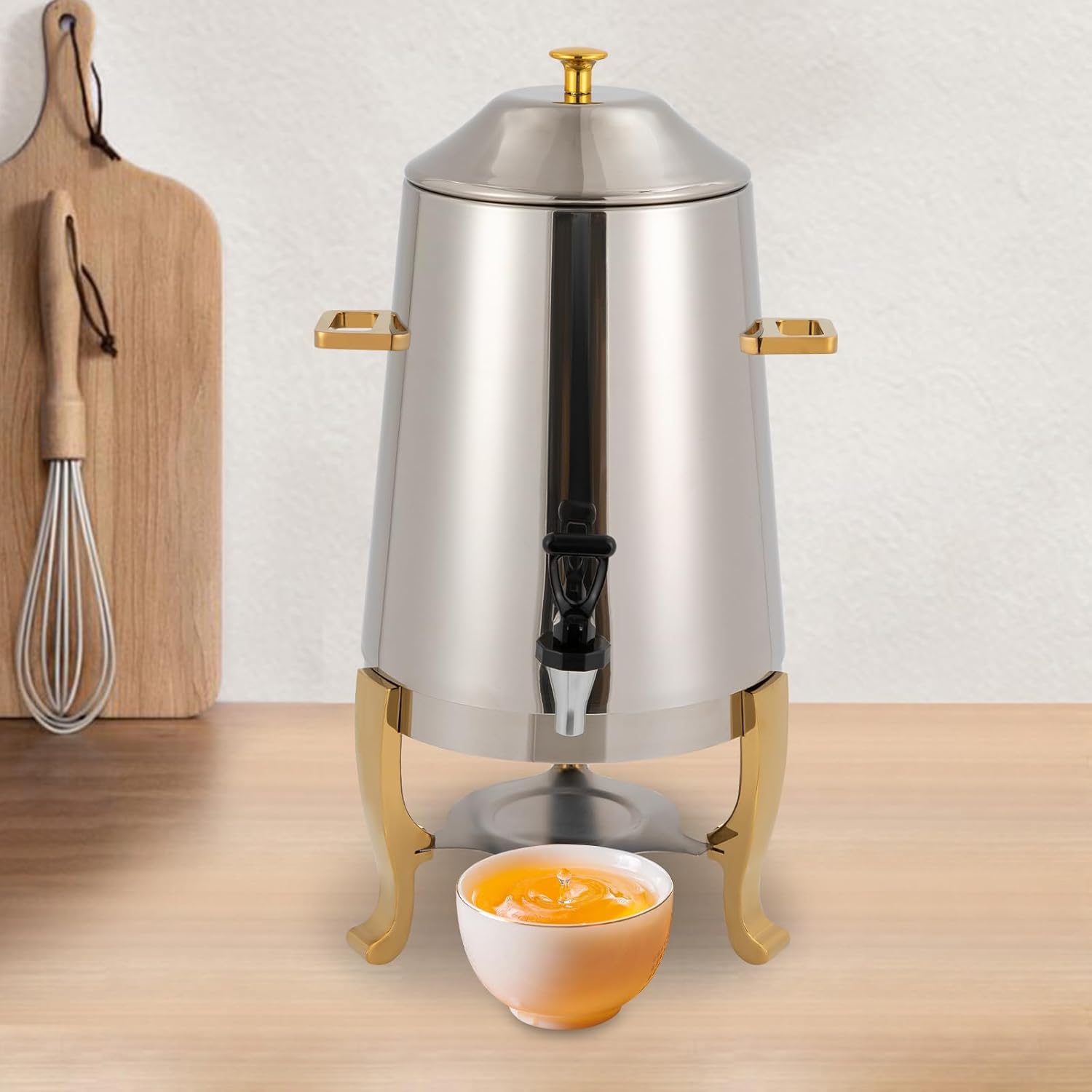 13L Hot Beverage Dispenser, Hot Drinks Dispenser, Coffee Chafe, Urn Hot Drinks Dispenser with Spigot, Commercial Grade Stainless Steel Coffee Maker Hot Water Urn for Catering Buffet (Gold)