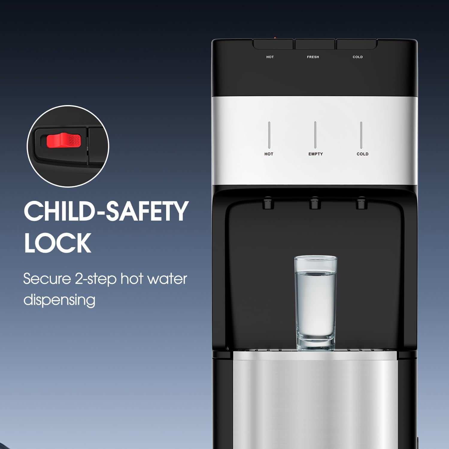 VECYS Self-Cleaning Bottom Loading Water Dispenser for 3-5 Gallon Bottle, 304 Stainless Steel Reservoirs & Intake Tube, Hot Cold Room Temperature Water Cooler, Child Safety Lock