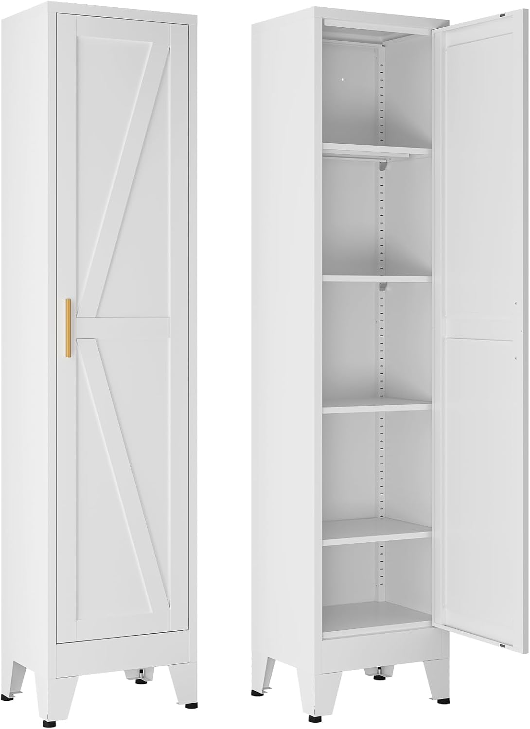 67' Tall Storage Cabinet with Reversible Doors and Adjustable Shelves,Metal Slim Freestanding Cabinet for Bathroom Kitchen Garage Small Spaces,White1 Pack