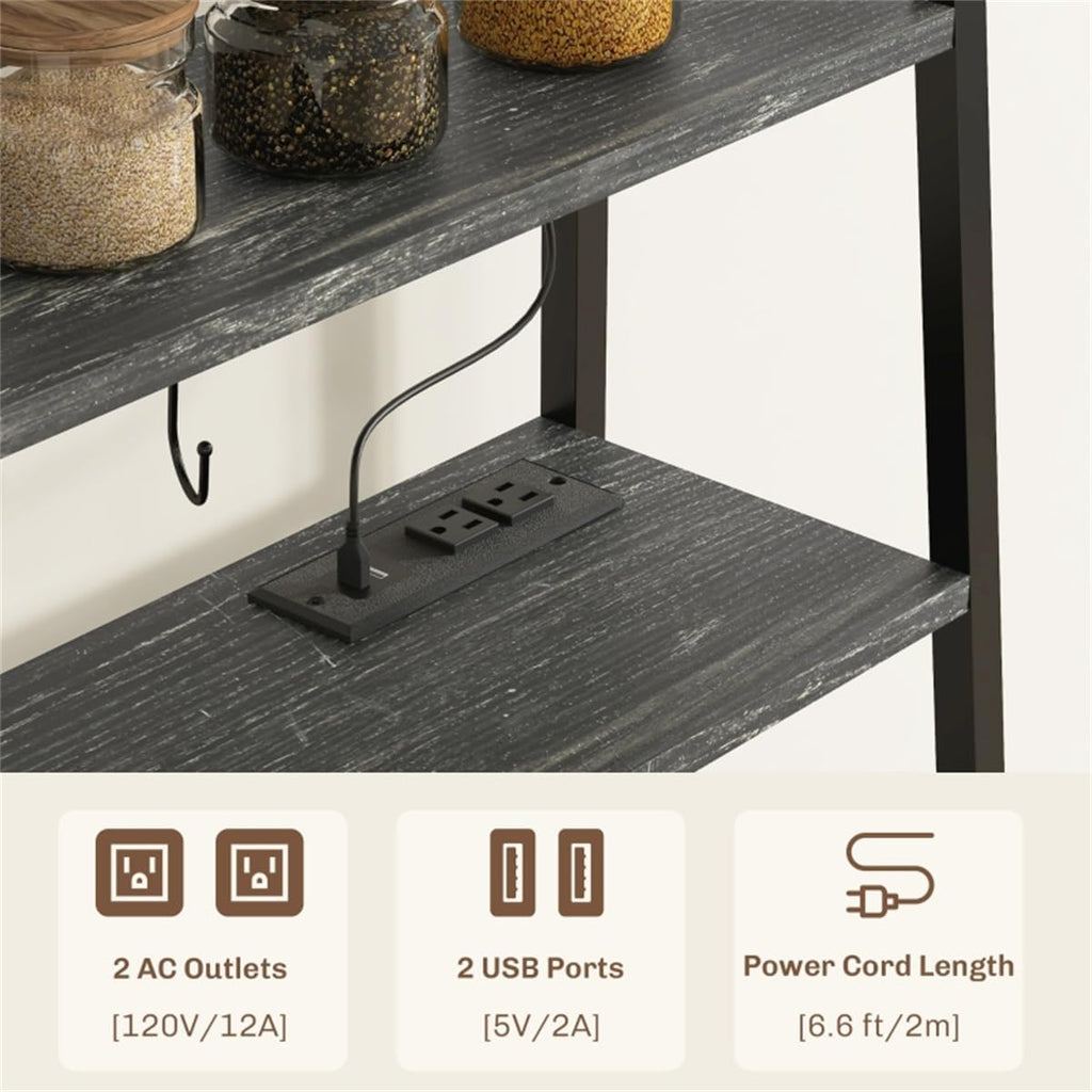 Baker Rack with Outlet and RGB Lights, 65.6' Tall Kitchen Storage Shelf, Metal Coffee Bar Station with Wine Rack, Drawer and Cabinet, Industrial Kitchen Shelves for Coffee, Microwave