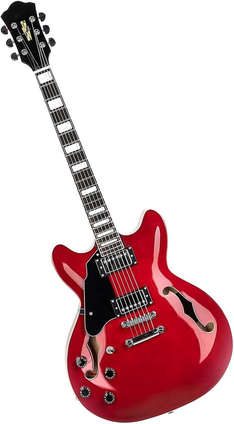 Full Size Left Handed Electric Guitar With Semi Hollow Solid Stainless Steel Frets Professional Electric Guitar(Red)
