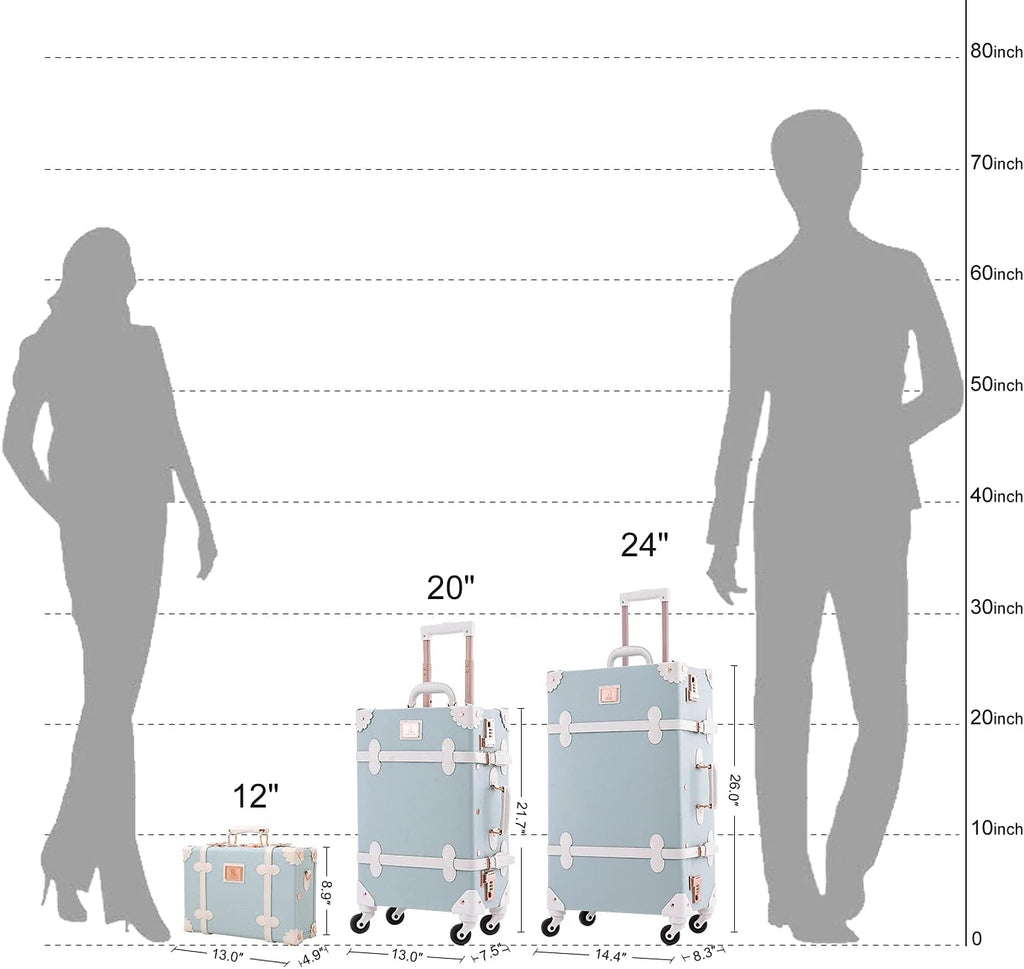 UNIWALKER Vintage Luggage Set, 2 Piece Women Carry on Trolley Suitcase with Spinner Wheels, Handcraft Leather Travel Bag with Cosmetic Train Case, 20'+12', Embossed Blue