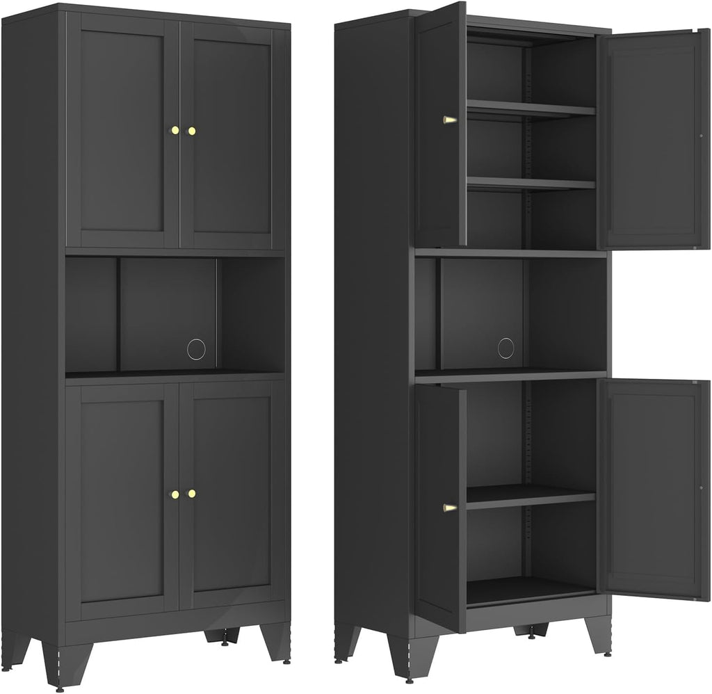 68.9'' Black Metal Kitchen Pantry Cabinet with Doors and Adjustable Shelves, Hutch Cabinet with Microwave Storage, Kitchen cabine can Also be Used in the Living Room.Bathroom, Home