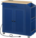 HOOBRO Kitchen Island with Power Outlet, Kitchen Storage Island with Spice Rack and Drawer, Rolling Kitchen on Wheels, for Home, Dining Room, Natural and Blue UN82UZD01G1