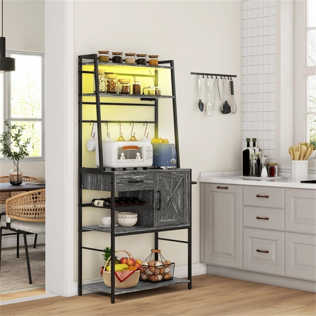 Baker Rack with Outlet and RGB Lights, 65.6' Tall Kitchen Storage Shelf, Metal Coffee Bar Station with Wine Rack, Drawer and Cabinet, Industrial Kitchen Shelves for Coffee, Microwave