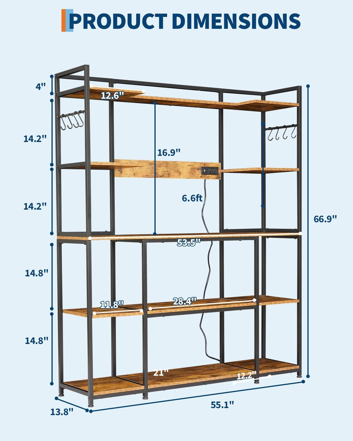 TrailBlaze Rustic Brown Kitchen Bakers Rack with Power Outlet – 4-Tier Microwave Oven Stand & Storage Shelf – Coffee Bar Table with 6 S Hooks for Spices & Pots – Multifunctional