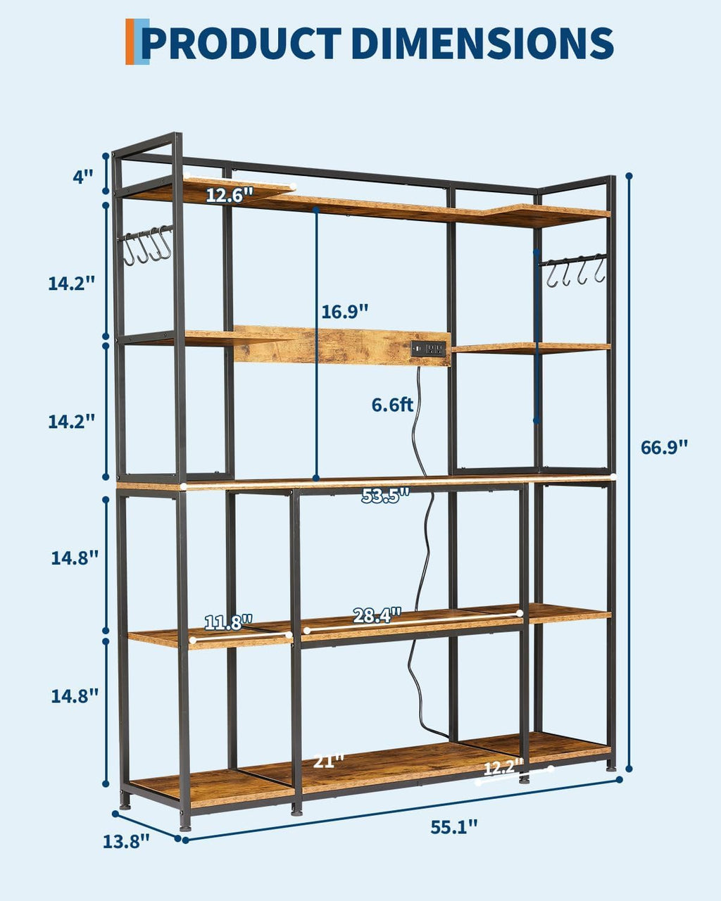 Rustic Brown Bakers Rack with Power Outlet - 4-Tier Kitchen Storage Shelf - Microwave Stand, Coffee Bar Table, 6 S Hooks, Durable Metal & Wood Organizer - 55 * 66 inch