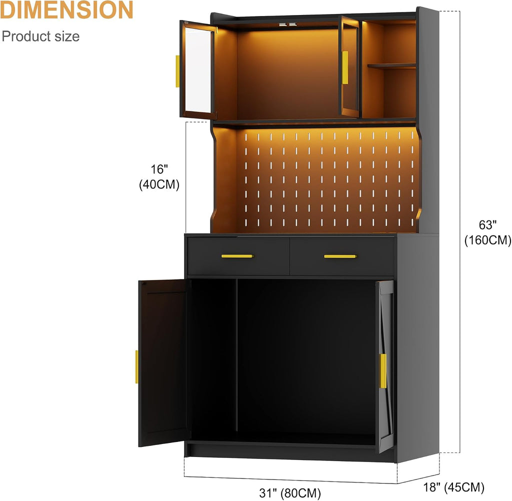 LED Kitchen Pantry Cabinet with Outlets, Farmhouse Storage Cabinet with Drawers & Adjustable Shelves, 64' Tall Cupboard with Pegboard & Hooks for Dining Room (Black)