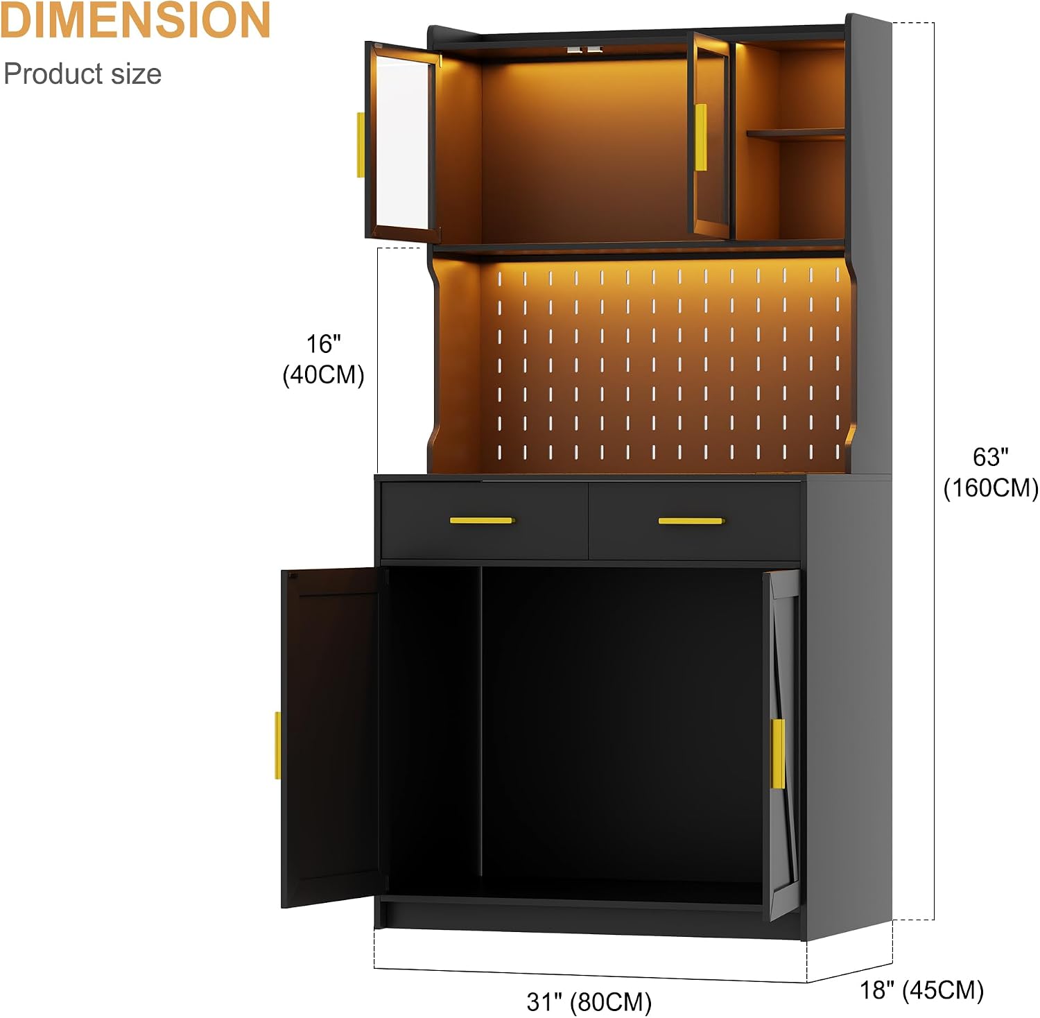 LED Kitchen Pantry Cabinet with Outlets, Farmhouse Storage Cabinet with Drawers & Adjustable Shelves, 64' Tall Cupboard with Pegboard & Hooks for Dining Room (Black)