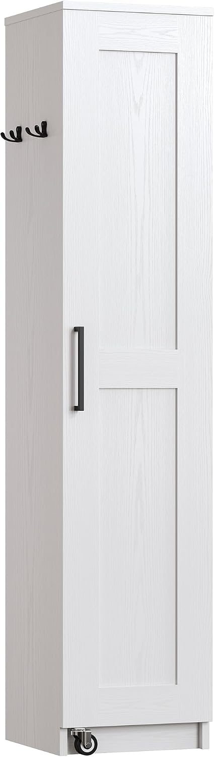 IRONCK Narrow Kitchen Pantry Storage Cabinet, 72' Slim Single Door with 6 Adjustable Shelves, Door Rack and Wheels, Space Saving Freestanding Storage Floor Cabinet for Small Place, White