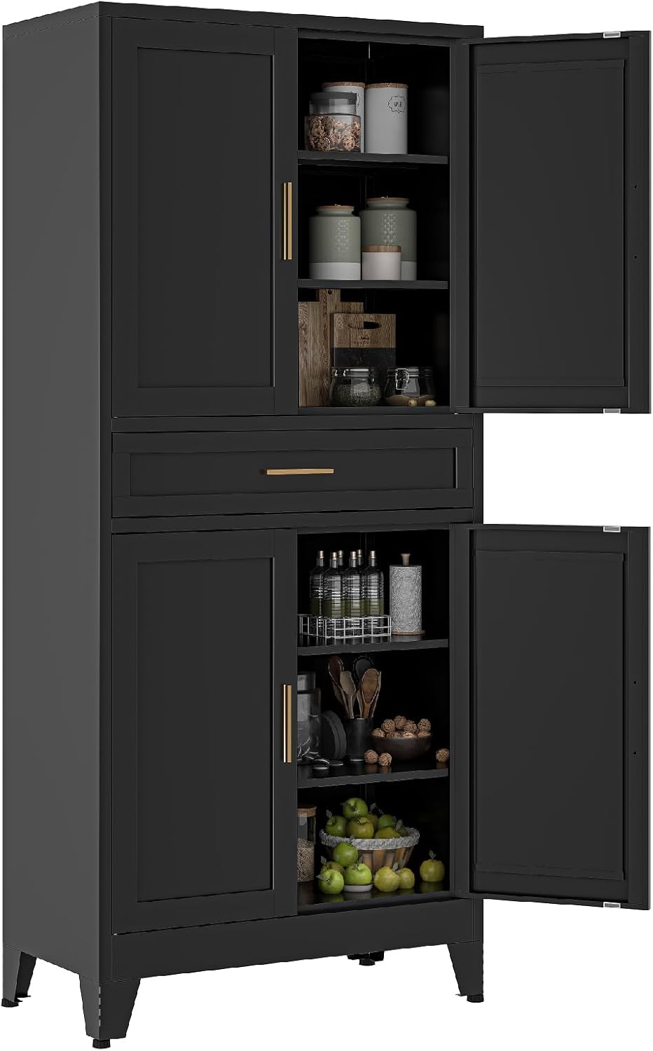 Metal Storage Cabinet, 71' Tall Kitchen Pantry Cabinets, Steel File Cabinet with 4 Doors & Adjustable Shelves and Drawer for Kitchen, Dining Room, Living Room, Bathroom