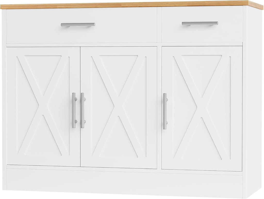 Shintenchi Modern Farmhouse Sideboard Buffet Cabinet with Storage with 3 Doors,42' Barn Doors Buffet Cabinet with Storage, Wood Coffee Bar Cabinets with Adjustable Shelf for Kitchen Living Room,White