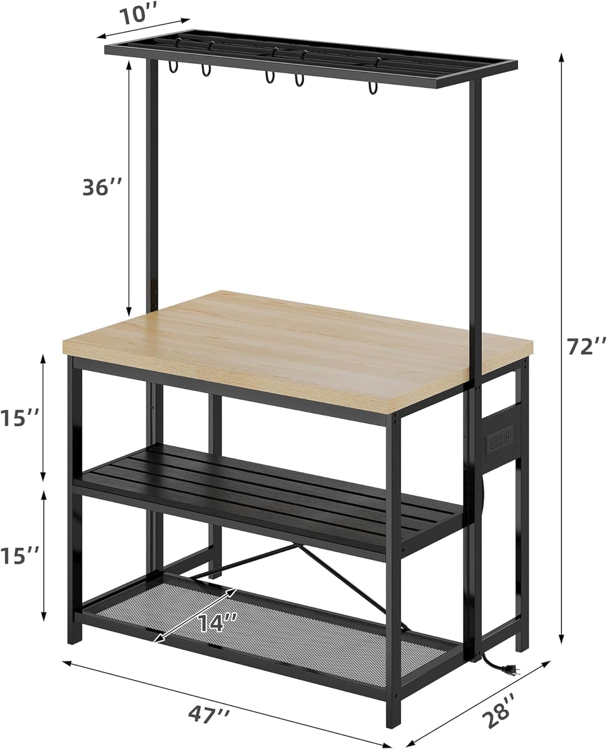 TrailBlaze Multi-Functional 47' Kitchen Island Bakers Rack with Storage and Power Outlet – 3-Tier Heavy-Duty Metal & Wood Microwave Stand, Coffee Bar Table, 5 Hooks, Space-Saving Design for Kitchen