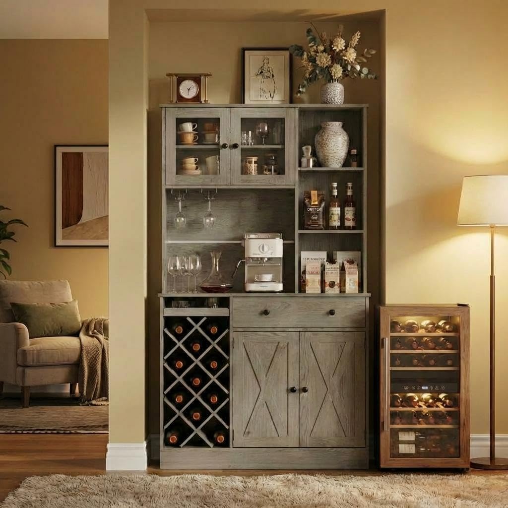 Wine Bar Cabinet with Built-in Power Outlets & Barn Doors - Sideboard Buffet with Wine Bottle Rack & Charging Station for Kitchen, Dining Room, Living Room