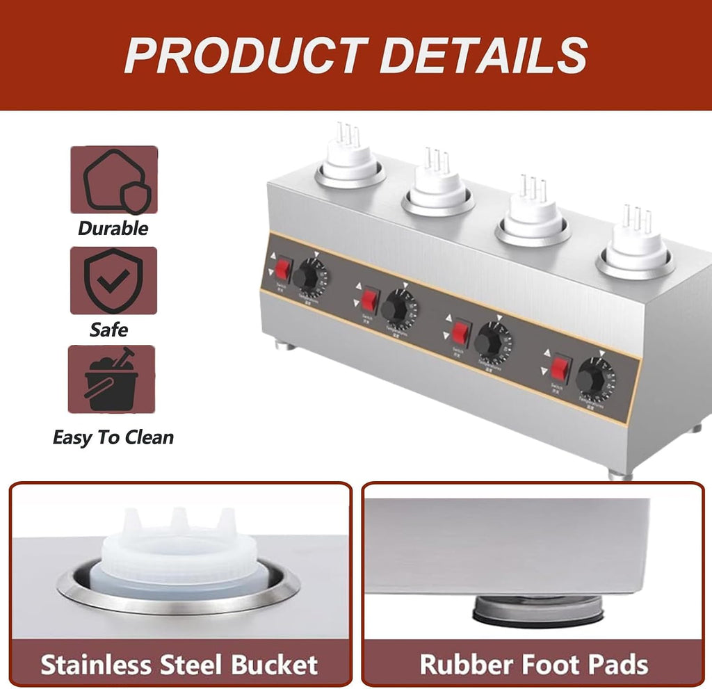 Countertop Stainless Steel Sauce Bottle Warmer, Electric Cheese Sauce Warmer, Commercial Cheese Dispenser, With Bottles, Independent Temperature Control, For Heating Chocolate, Butter And Jam 4网格