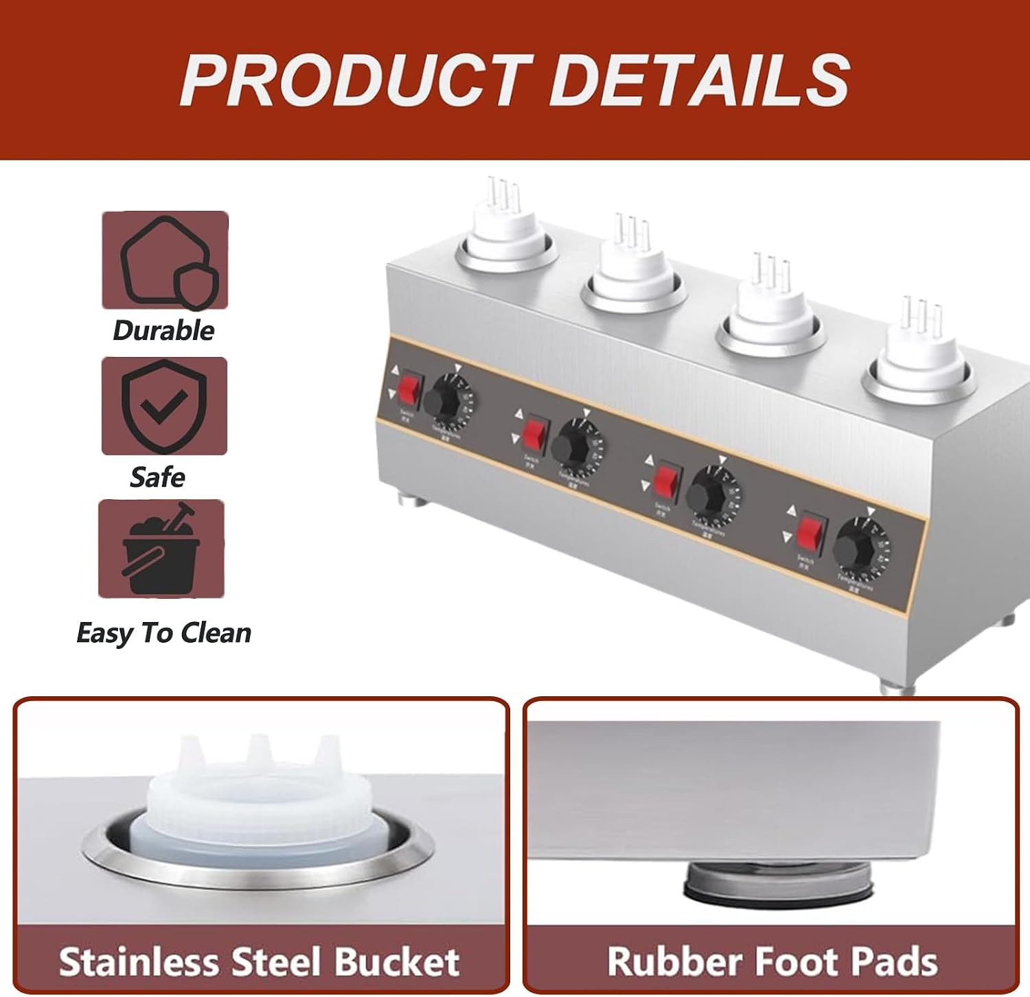 Countertop Stainless Steel Sauce Bottle Warmer, Electric Cheese Sauce Warmer, Commercial Cheese Dispenser, With Bottles, Independent Temperature Control, For Heating Chocolate, Butter And Jam 4网格