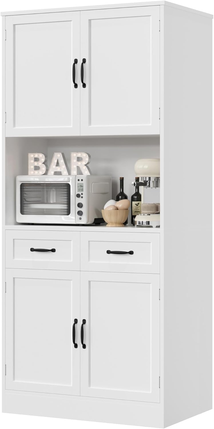 HOSTACK 71' Tall Kitchen Pantry Storage Cabinet, Modern Kitchen Hutch Bar Cabinet with Microwave Stand, Wood Buffet Sideboard with Hutch, Cupboard with Drawers, Shelves for Dining Room, White