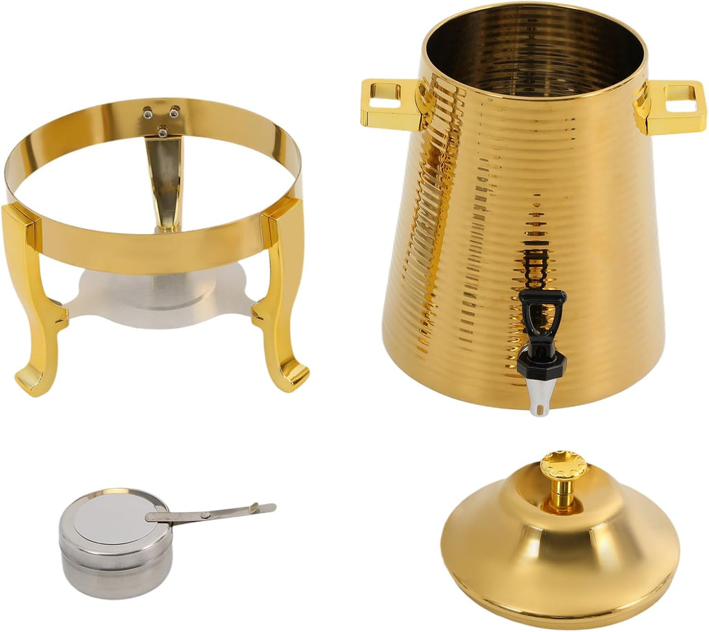 13L Stainless Steel Beverage Dispenser with Stand, Dual Heating Hot Drink Dispenser with Temperature Control, Electric & Alcohol Heating Juice Container for Hot or Cold Drinks, or Catering Use,Gold