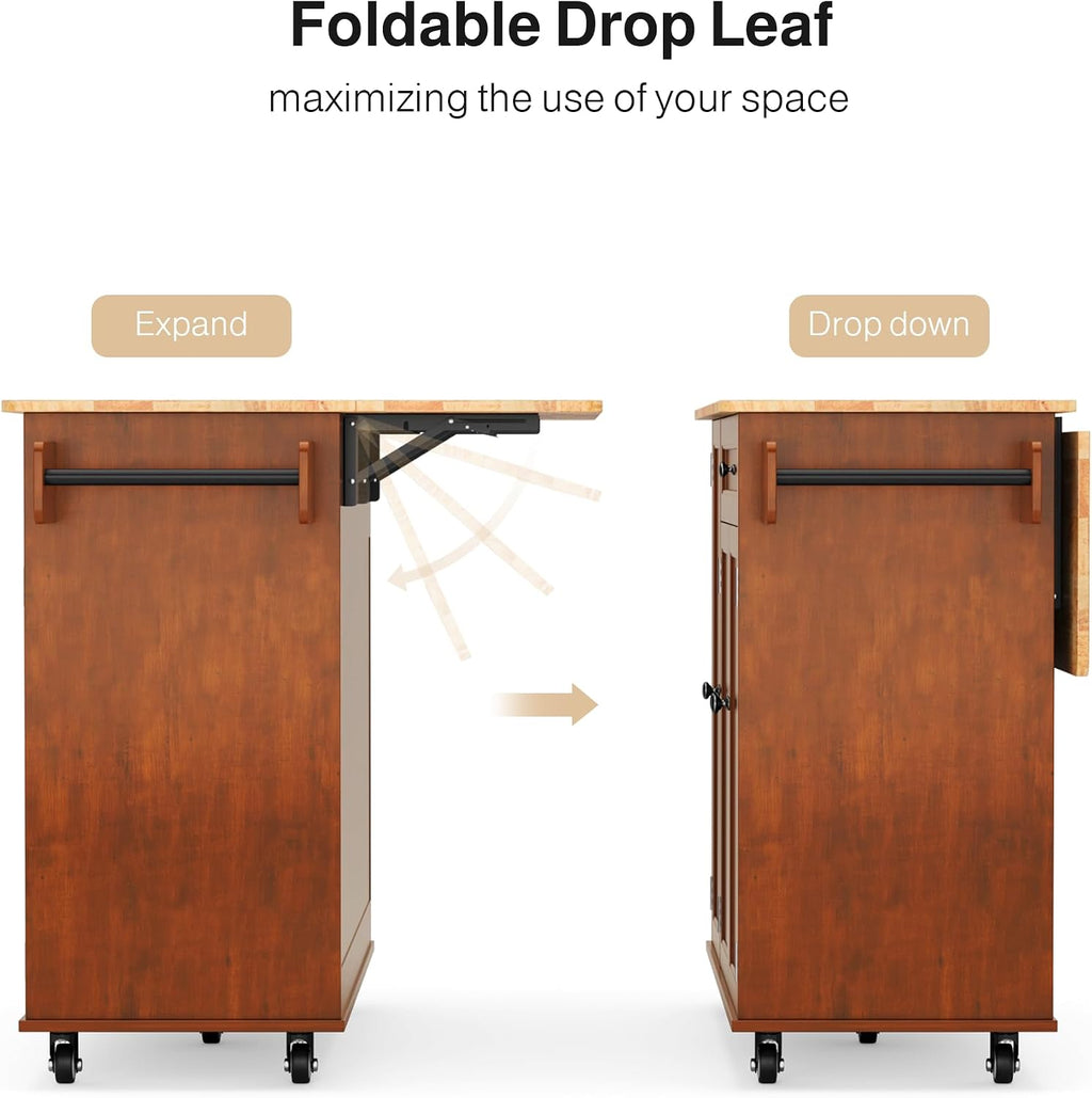Ahomly Kitchen Island with Storage, Rolling Kitchen Island on Wheels with Drop Leaf, Interal Storage Rack, a Drawer, Spicy Rack and Towel Bar, Mobile Island Table for Kitchen, Brown