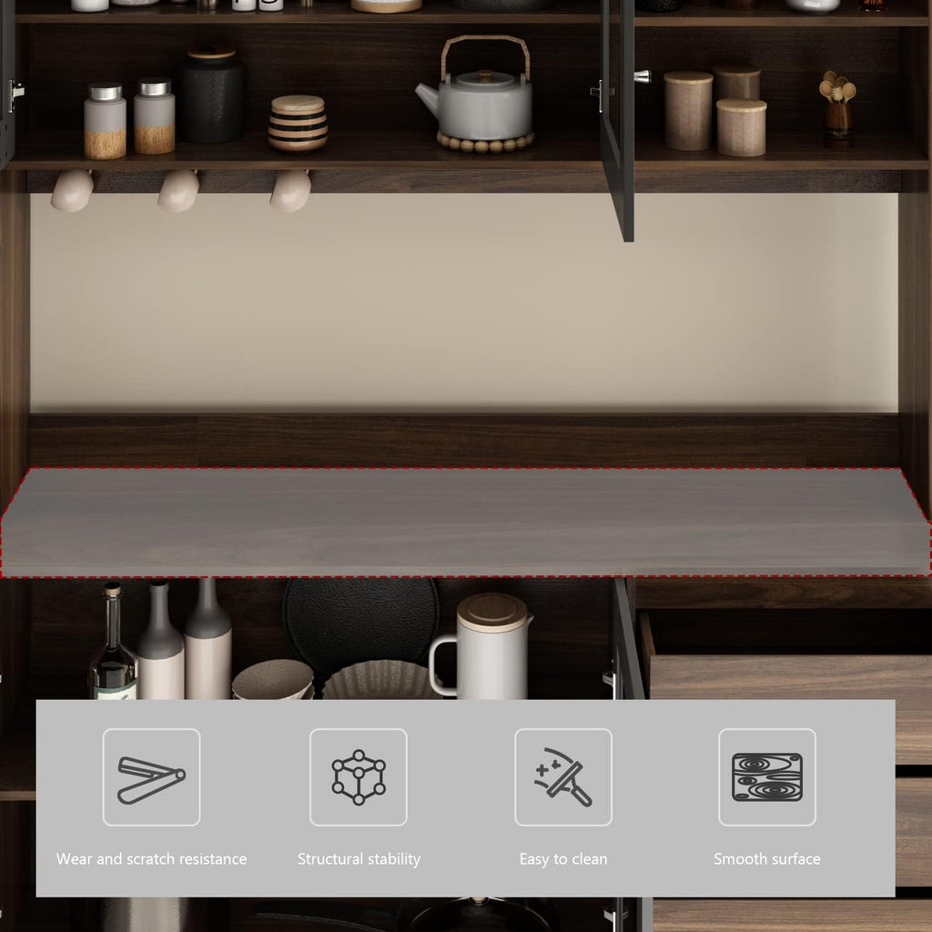 AGOTENI Large Kitchen Hutch Cabinet, Storage Cupboard Pantry with 4 Glass Doors, 4 Drawers & Microwave Shelf, for Kitchen Open Storage, Rustic Brown (63' W x 15.7' D x 74.8' H)