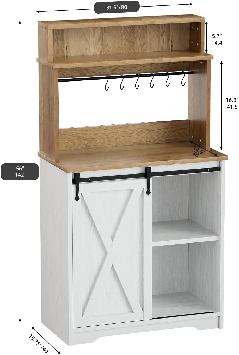 BestHaped Farmhouse Coffee Station with 3 Tier Storage Hutch & 6 Hooks - 56 Inch Small Coffee Bar Table with Adjustable Shelves for Living/Dining Room