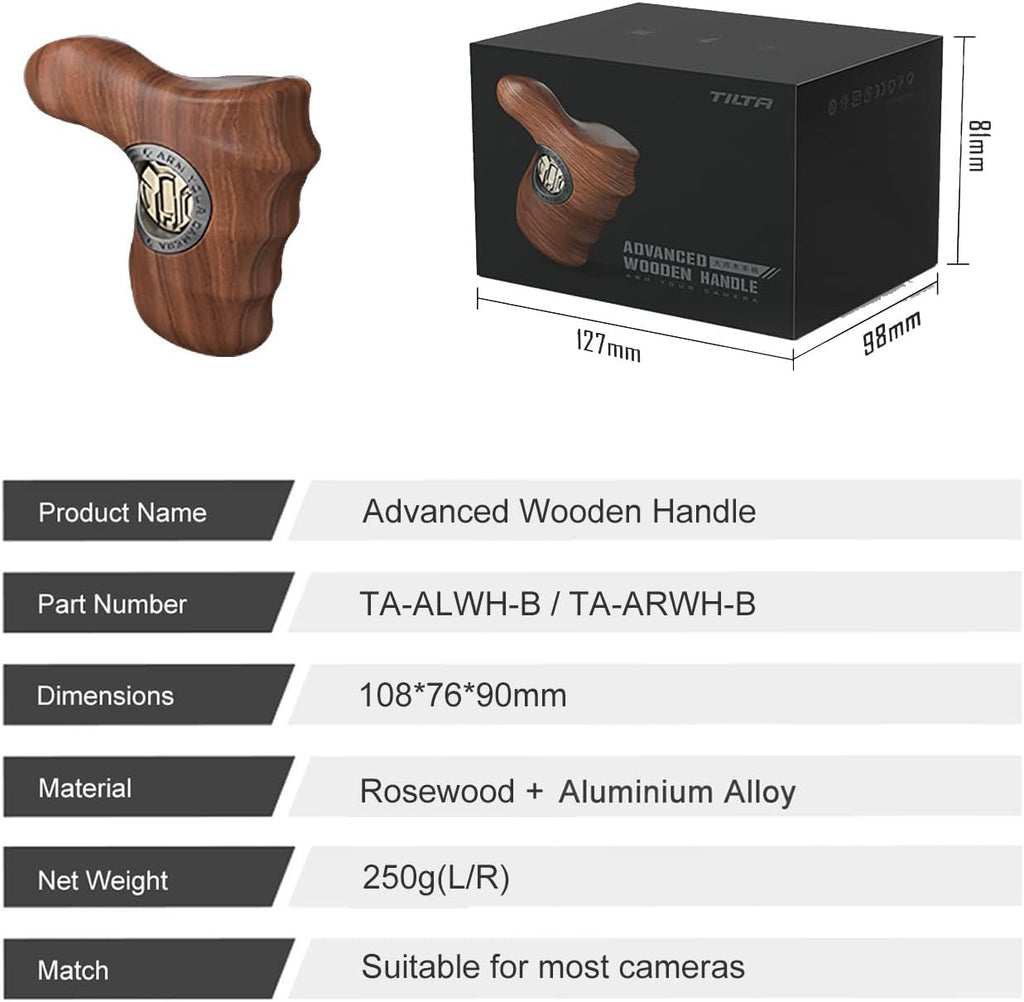 Tilta Advanced Right Side Wooden Handle (ARRI Rosette - Type X) | Black Walnut Wood & Aluminum Alloy Build | Quick Release Button